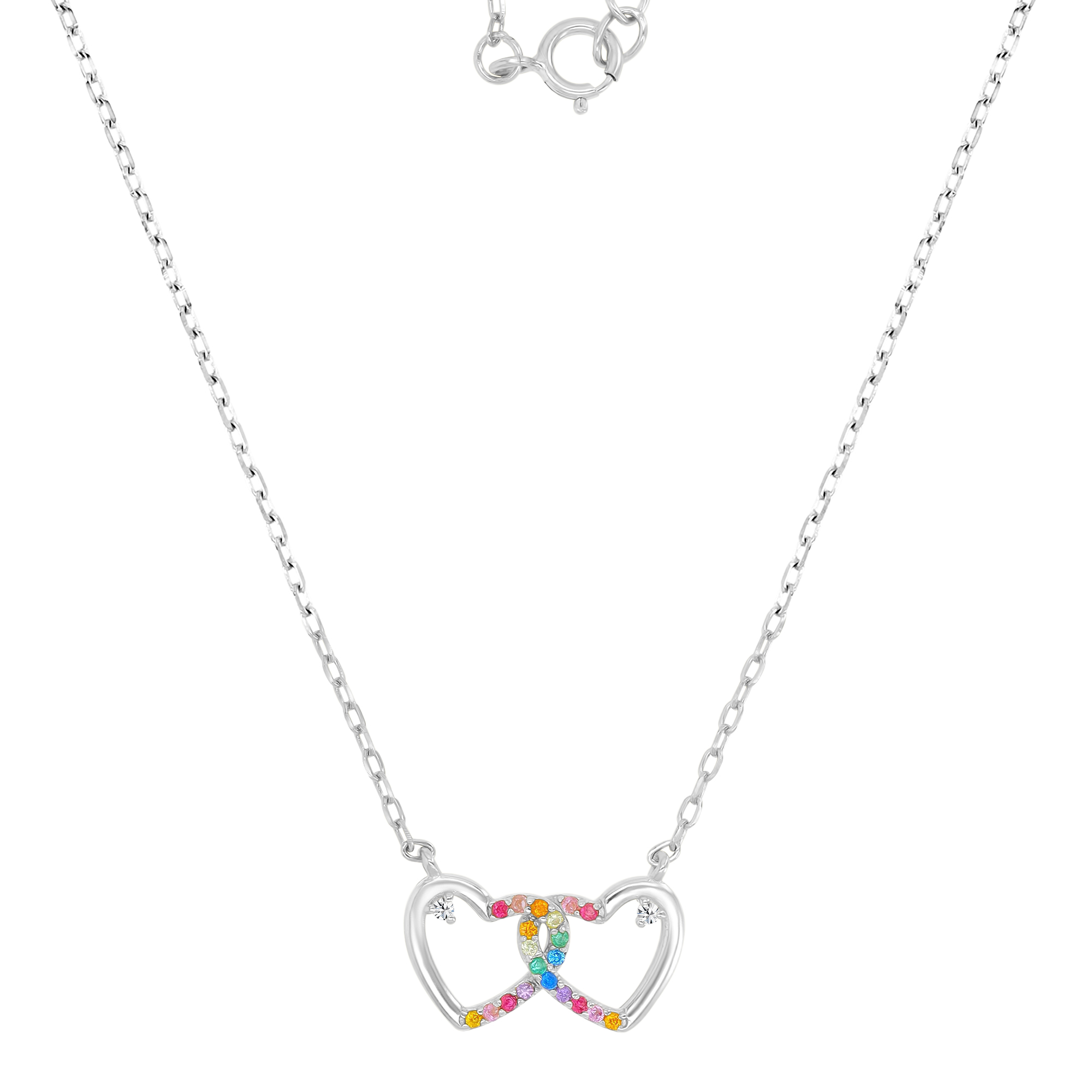 Sterling Silver Rhodium Multi Color CZ Interlocking Hearts 16"+2" Necklace