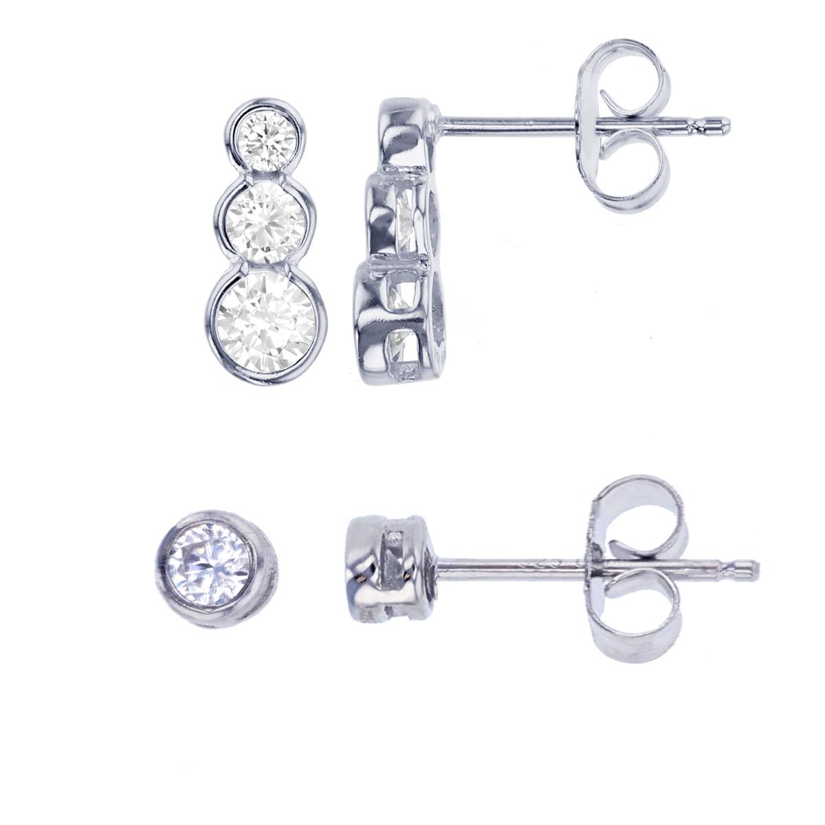 Sterling Silver Rhodium Rd White CZ 1and 3 Drop Bezel Stud Earring Kit