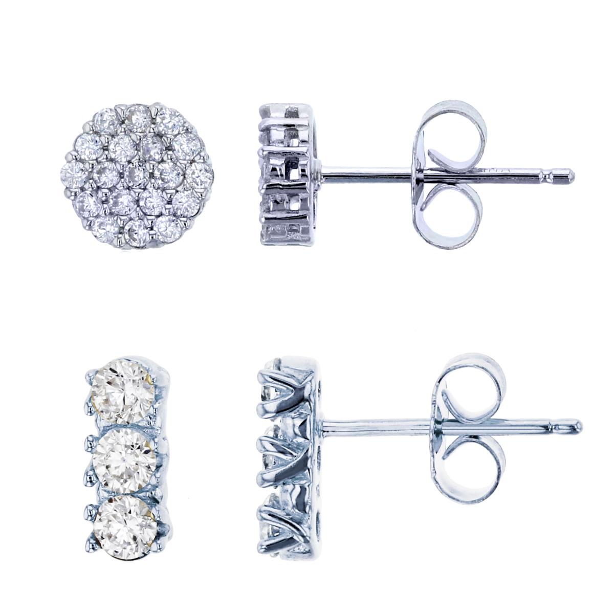 Sterling Silver Rhodium Micropave Rd CZ Circle & 3-Stone Rd Cut Stud Earrings Kit