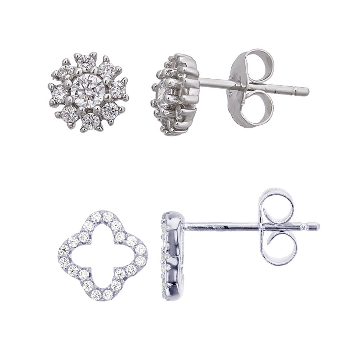 Sterling Silver Rhodium Rd CZ Paved Open Clover & Rd Halo Stud Earrings Kit
