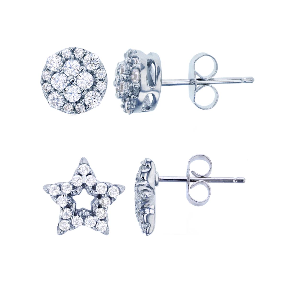 Sterling Silver Rhodium Rd CZ Micropave Open Center Star & Rd Halo Stud Earring Kit