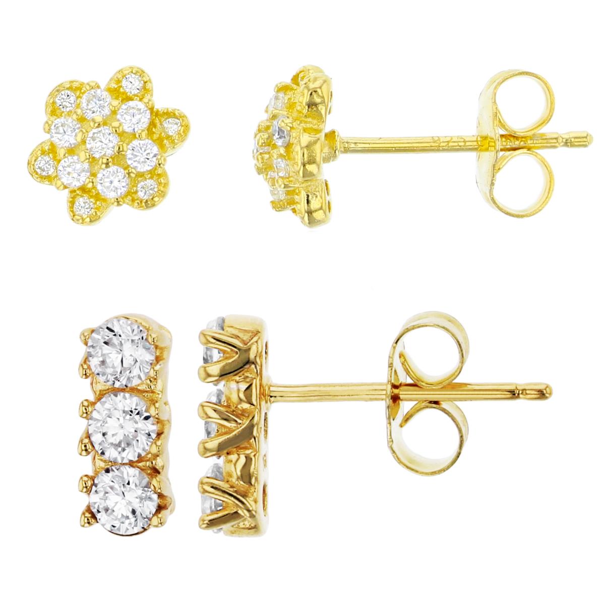 Sterling Silver Yellow Rd CZ 3-Stone Cut & Pave Flower Stud Earring Kits 