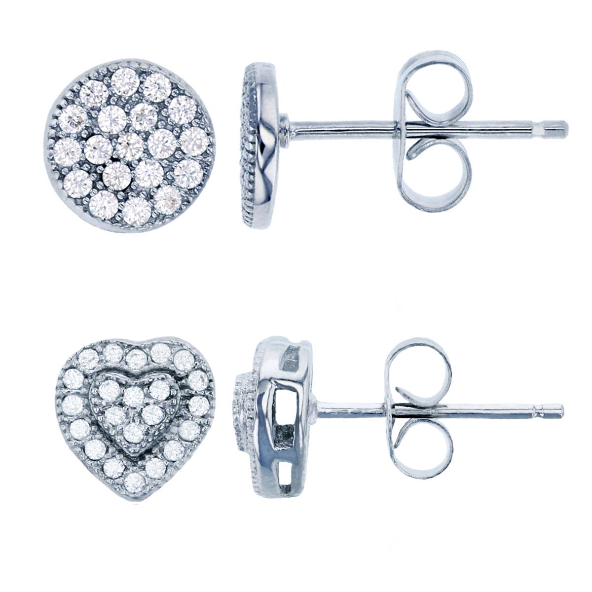 Sterling Silver Rhodium Rd CZ Micropave Round & Heart Stud Earring Kit 