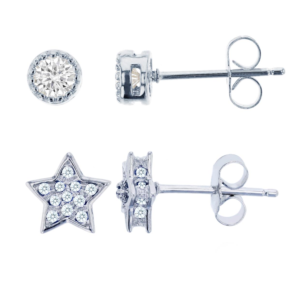 Sterling Silver Rhodium Rd CZ Pave Star & Milgrain Solitaire Stud Earring Kit