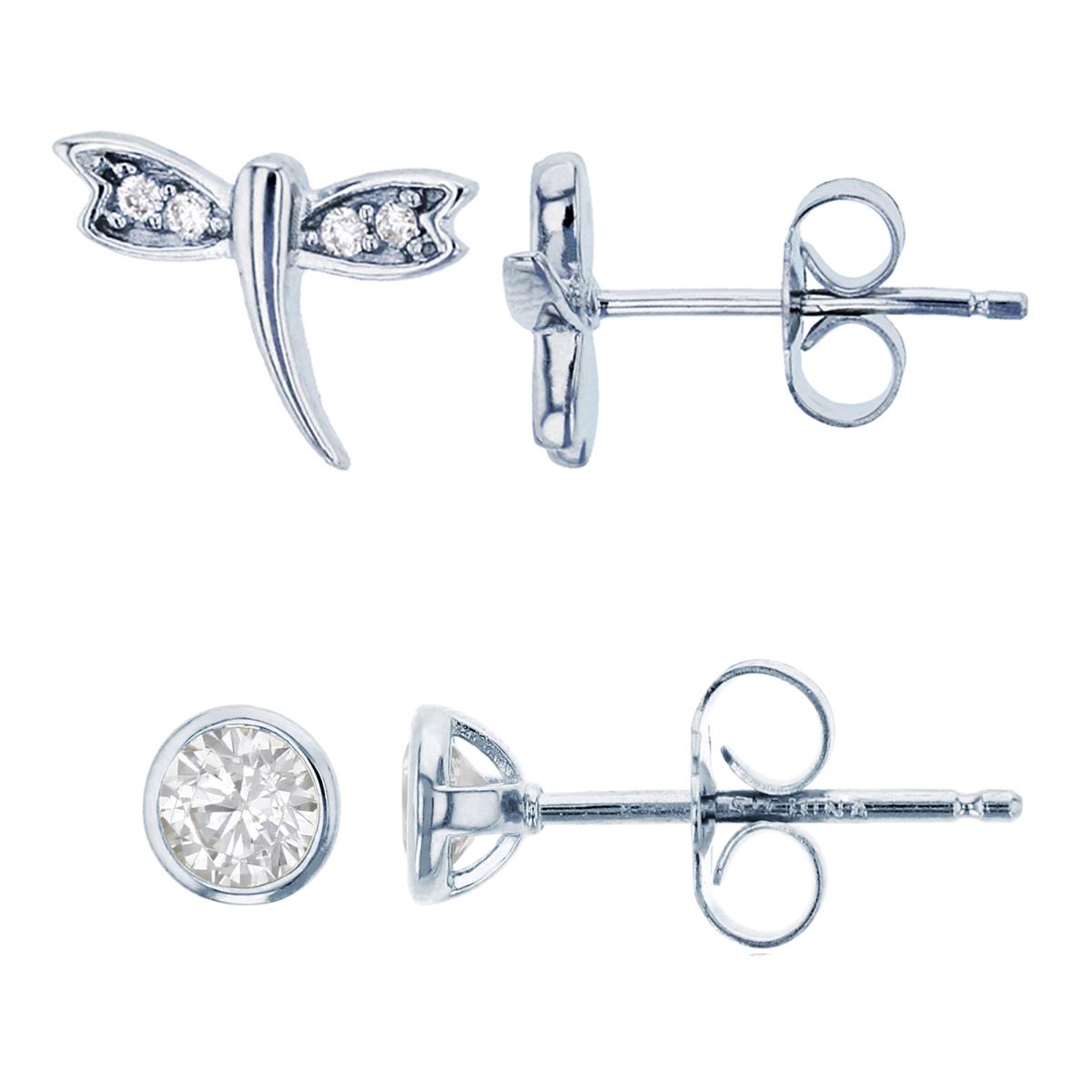 Sterling Silver Rhodium Pave Rd CZ Dragonfly & Bezel Stud Earring Kit