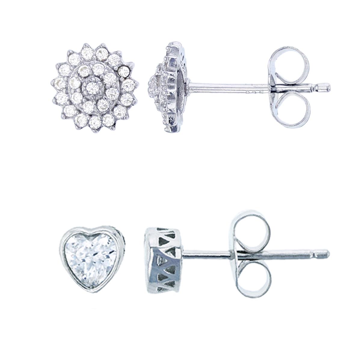 Sterling Silver Rhodium Rd CZ Heart Cut Bezel & Cluster Stud Earrings Kit