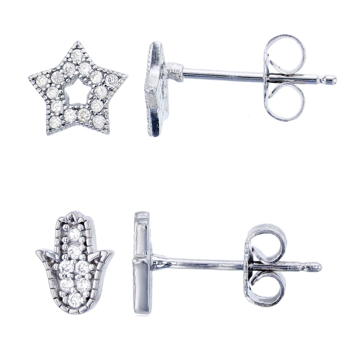 Sterling Silver Rhodium Micropave Rd CZ Hamsa & Star Stud Earrings Kit