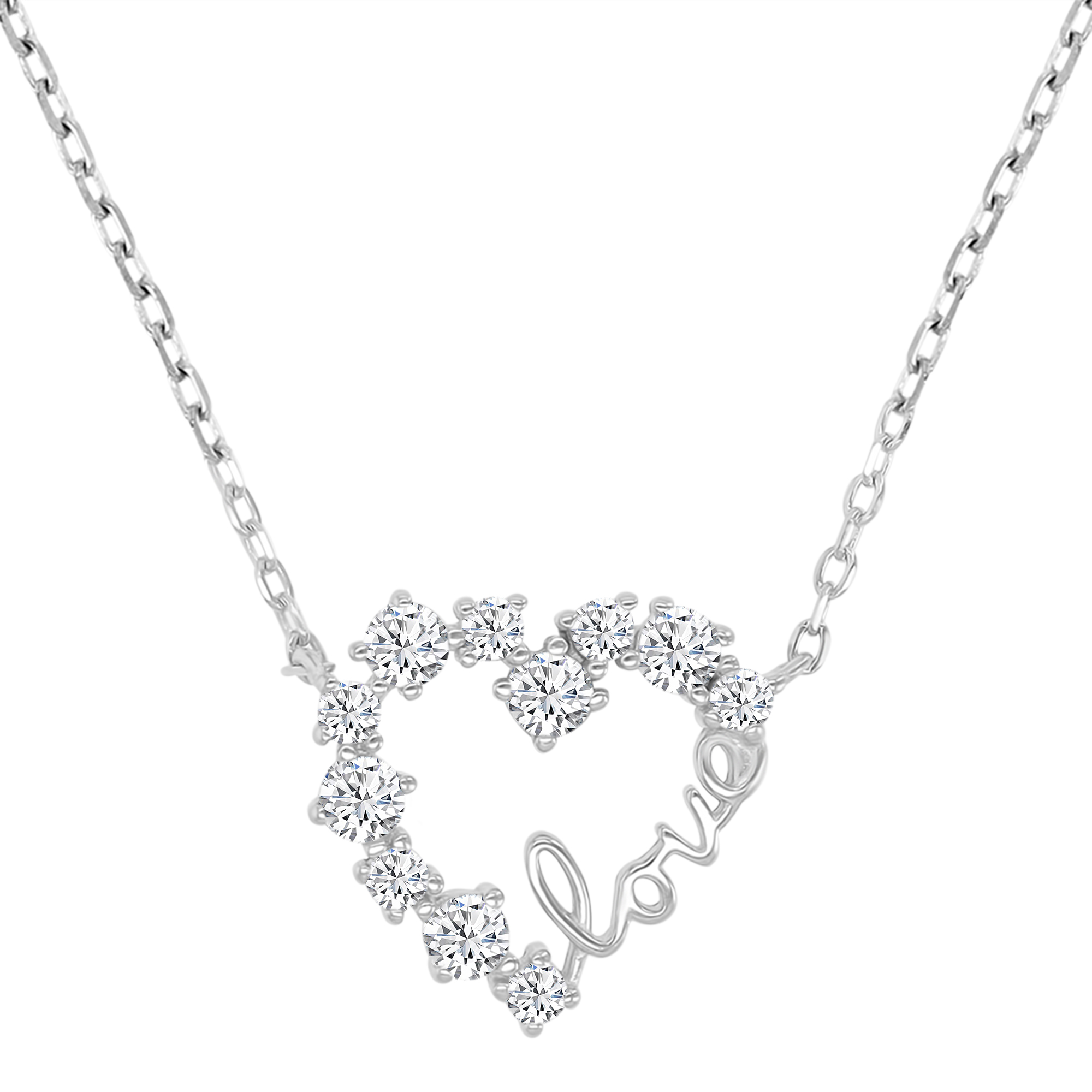 Sterling Silver Rhodium "Love" Open Heart CZ 16"+2" Necklace