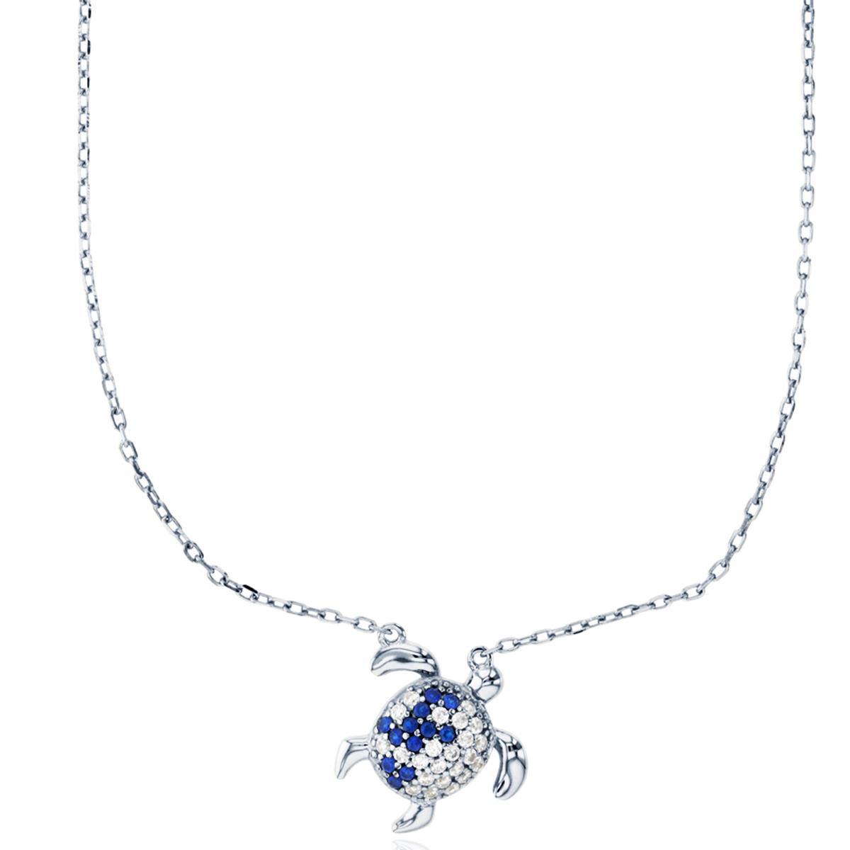 Sterling Silver Rhodium Blue Spinel & White CZ Turtle 16"+2" Necklace
