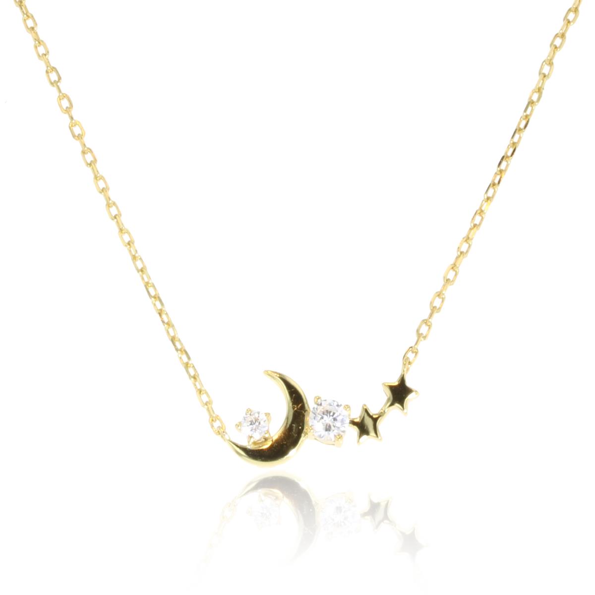 Sterling Silver Yellow Polished Crescent Moon & Stars 16"+2" Necklace
