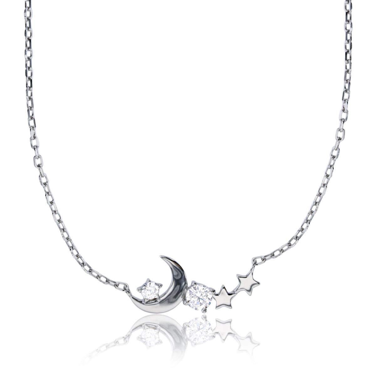 Sterling Silver Rhodium Polished Crescent Moon & Stars 16"+2" Necklace