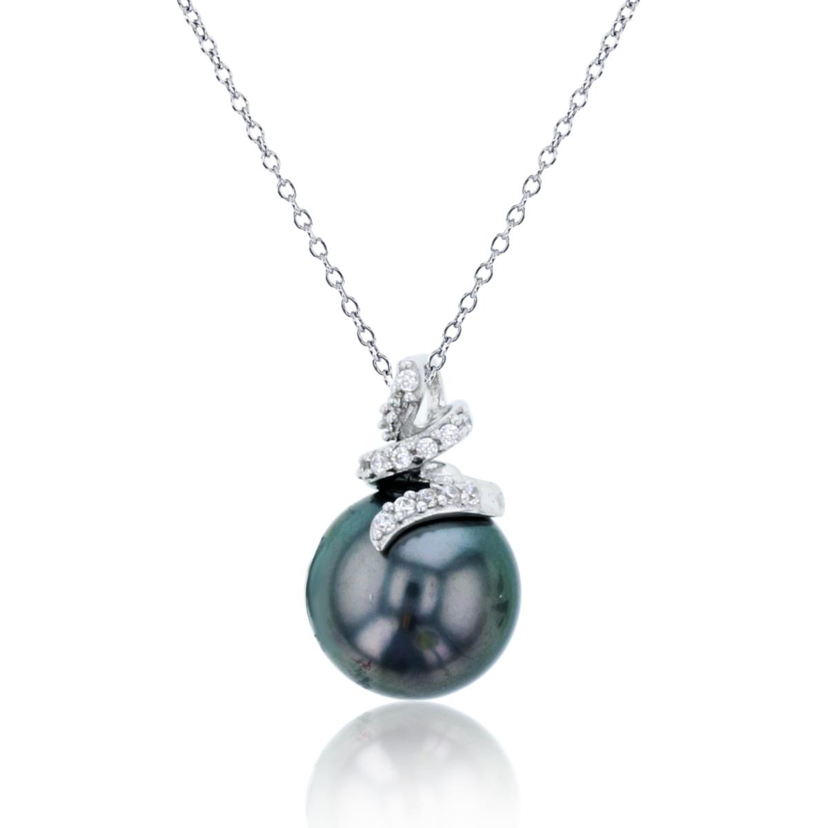 14K White Gold 9mm Rd Tahitian Pearl &Rd CZ 18" Necklace