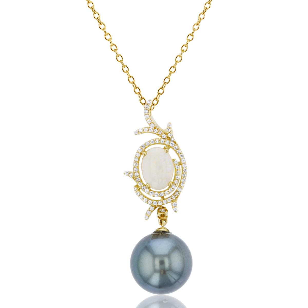 14K Yellow Gold 0.229 Cttw Diamond & 11mm Tahitian Pearl, Ov. Opal 18" Necklace