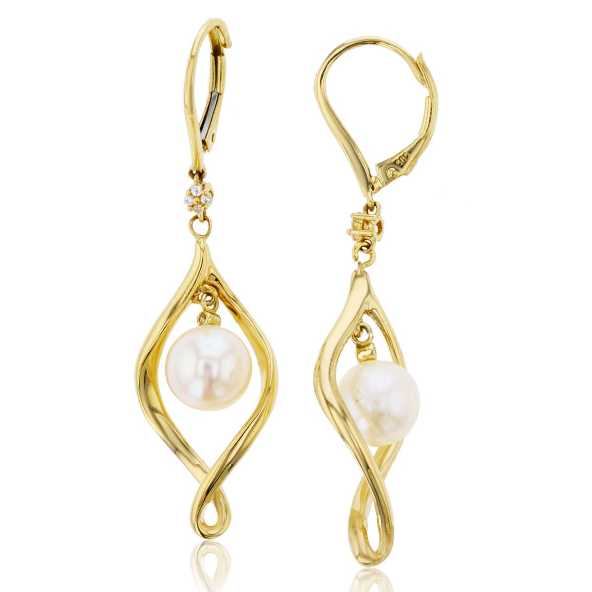 14K Yellow Gold 8mm Rd Pearl & Rd CZ Twisted Dangling Earring