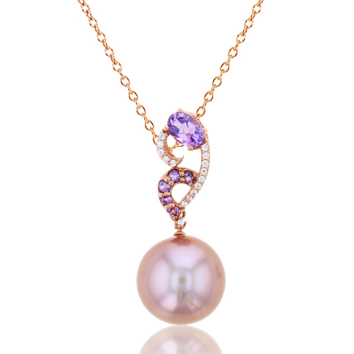 14K Rose Gold 12mm Pink Edison Pearl & Ov,Rd Rose De France & Rd CZ Filigree 18"Necklace