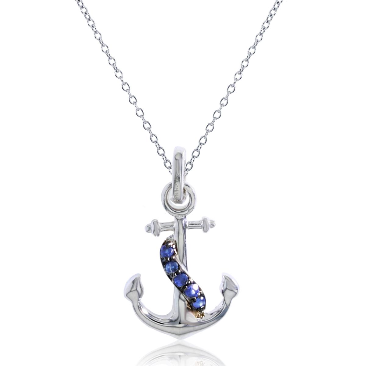Sterling Silver Rhodium Rd Cr. Blue Sapphire Anchor 18"Necklace