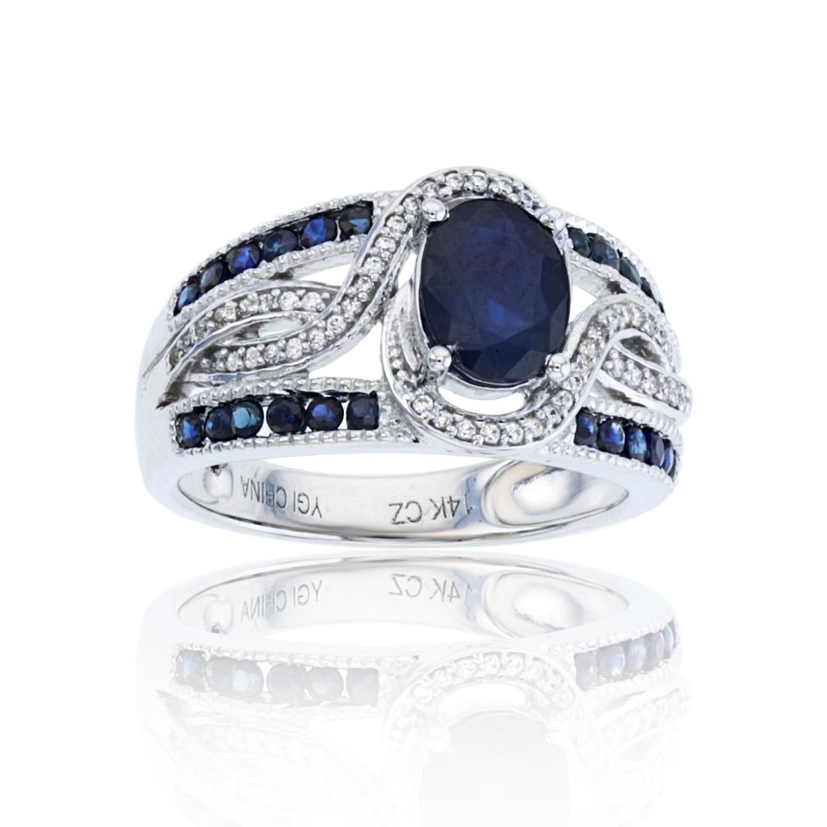 14K White Gold 8x6mm Sapphire & Rd CZ,Sapphire Slythering Ring