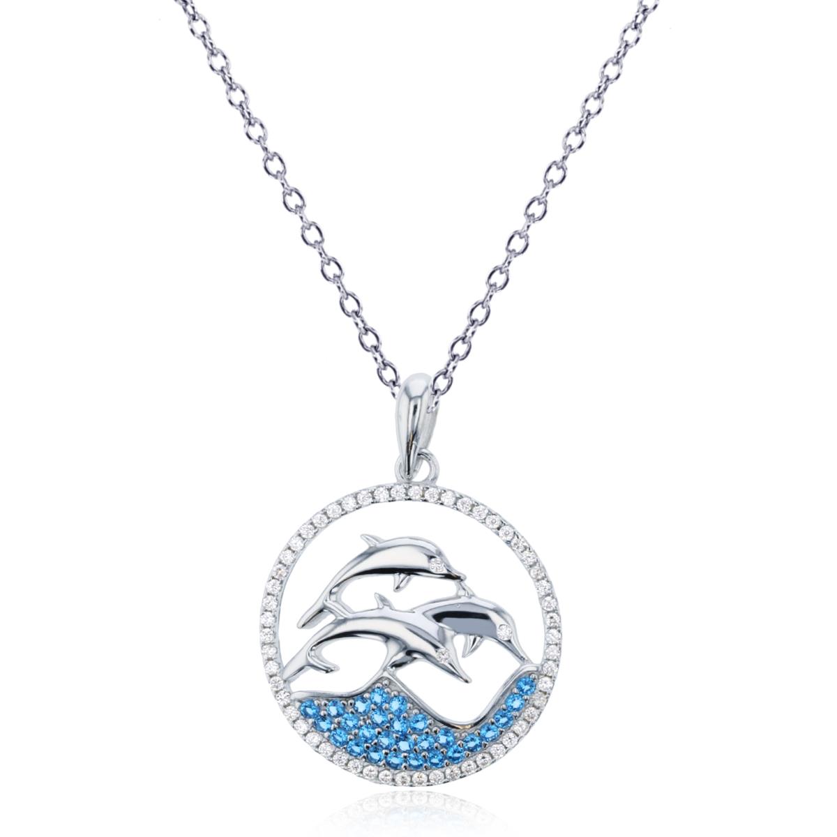 Sterling Silver Rhodium White & Blue CZ Jumping Dolphins 18" Necklace