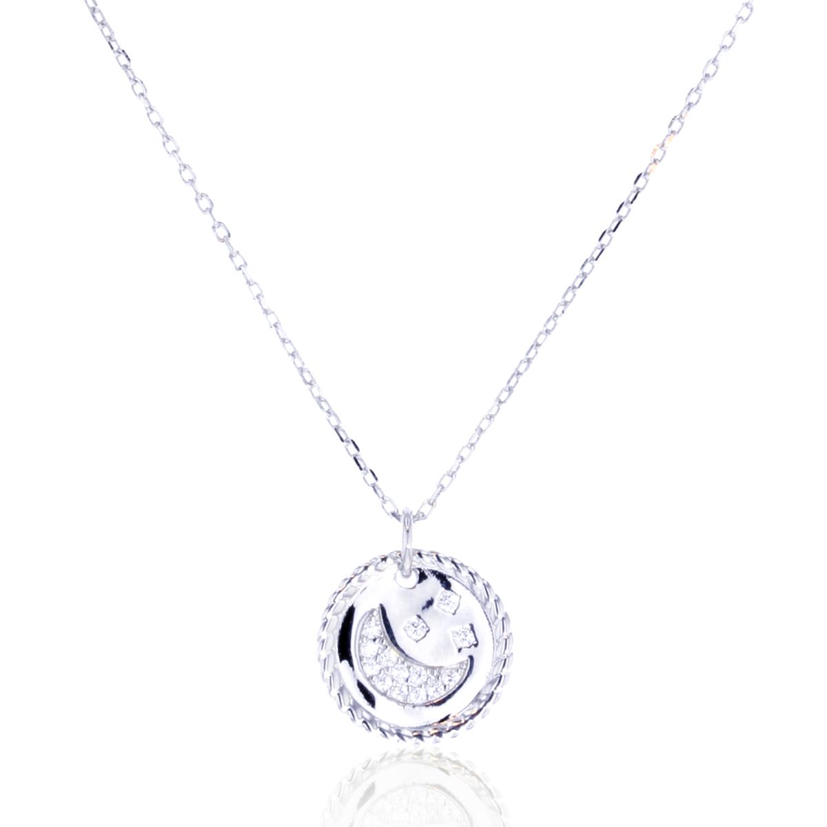 Sterling Silver Rhodium Crescent Moon & Stars Circle 16"+2" Necklace