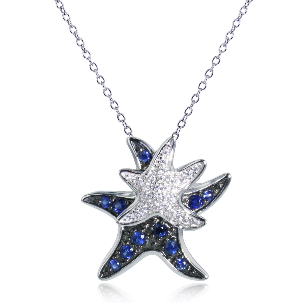 14K White Gold Rd Sapphire & CZ Double Star Fish 18" Necklace