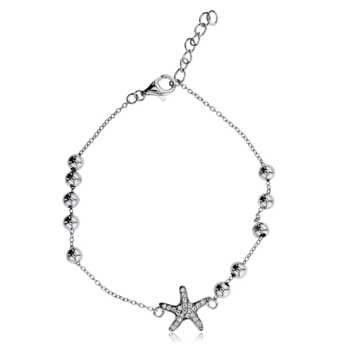 Sterling Silver Rhodium Paved Starfish Beaded 6.75"+1" Bracelet