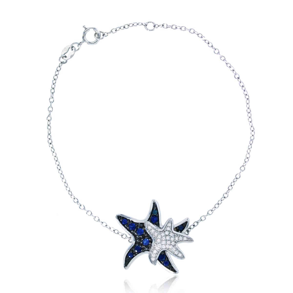 14K White Gold Rd Sapphire & Rd CZ Double Star Fish  6.5"+0.5" Bracelet