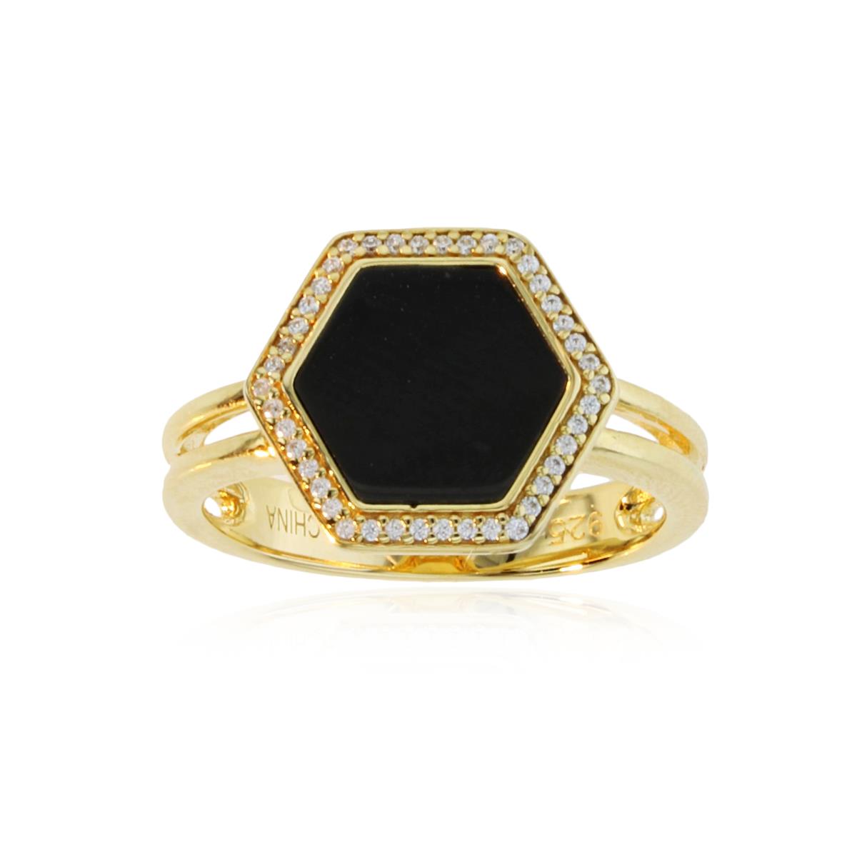 Sterling Silver Yellow 9mm Hexagon Onyx & Rd CZ Polished Ring