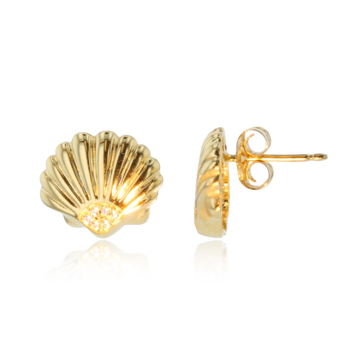 14K Yellow Gold Round CZ Sea Shell Studs