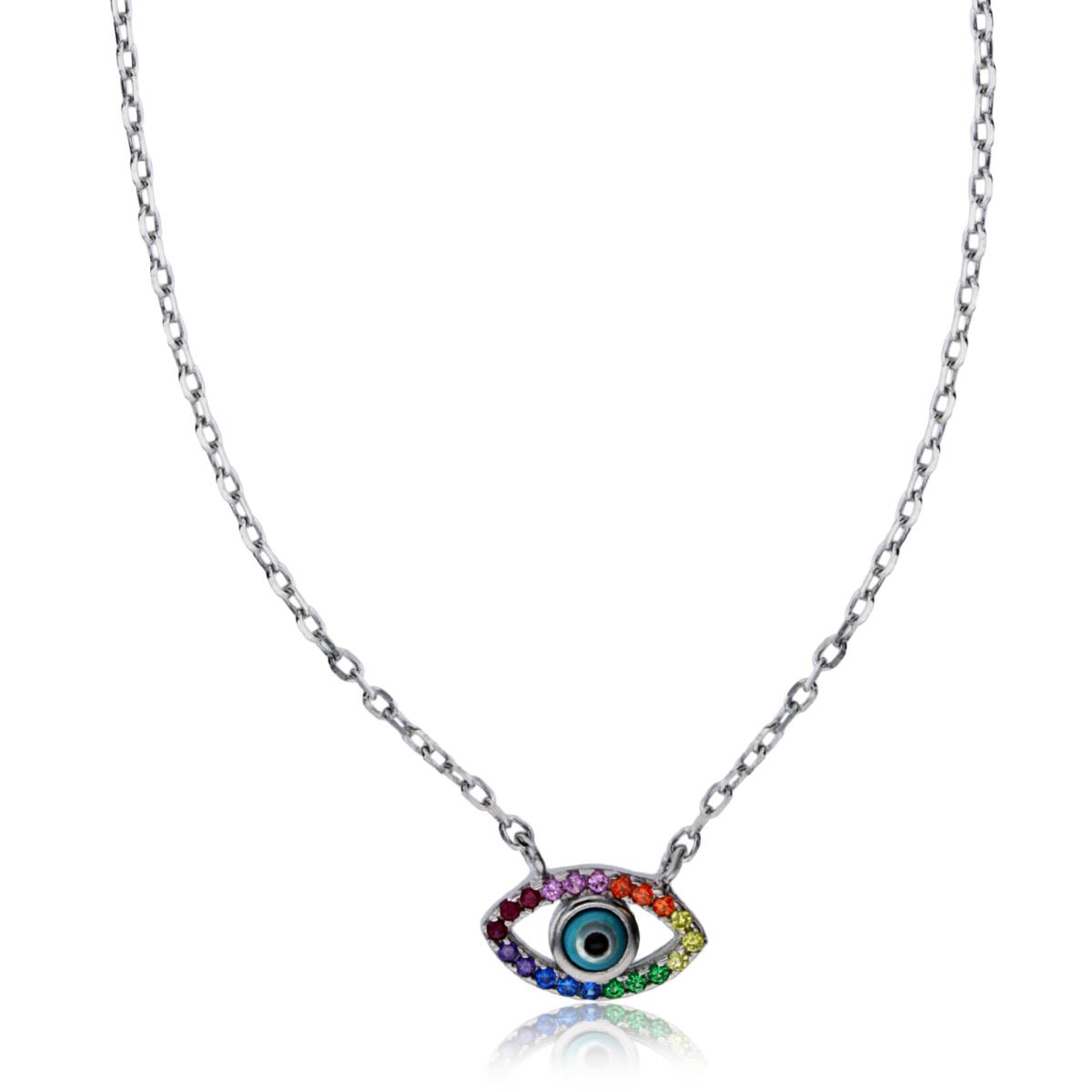 Sterling Silver Rhodium Multi Color CZ Evil Eye 16"+2" Necklace