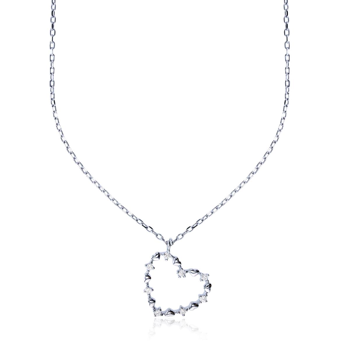 Sterling Silver Rhodium Open Heart CZ 16"+2" Necklace