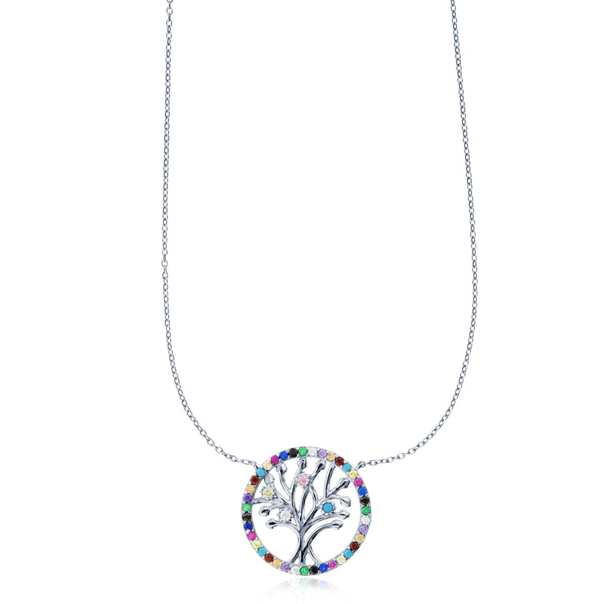 Sterling Silver Rhodium Multi Color CZ Tree of Life Circle 16"+2" Necklace
