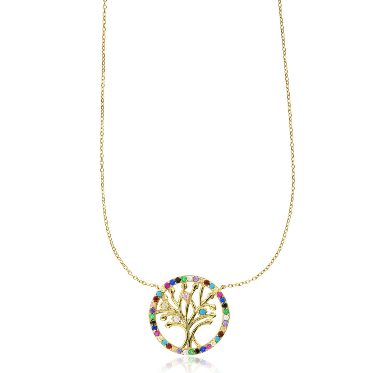 Sterling Silver Yellow 1M Multi Color CZ Tree of Life Circle 16"+2" Necklace