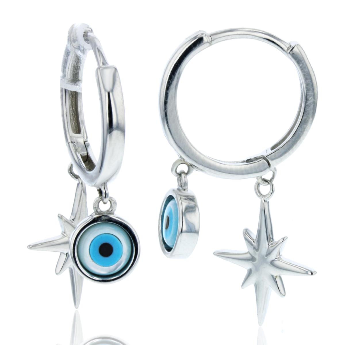Sterling Silver Rhodium 14x2mm Dangling Enamel Evil Eye & Starburst Huggie Earring
