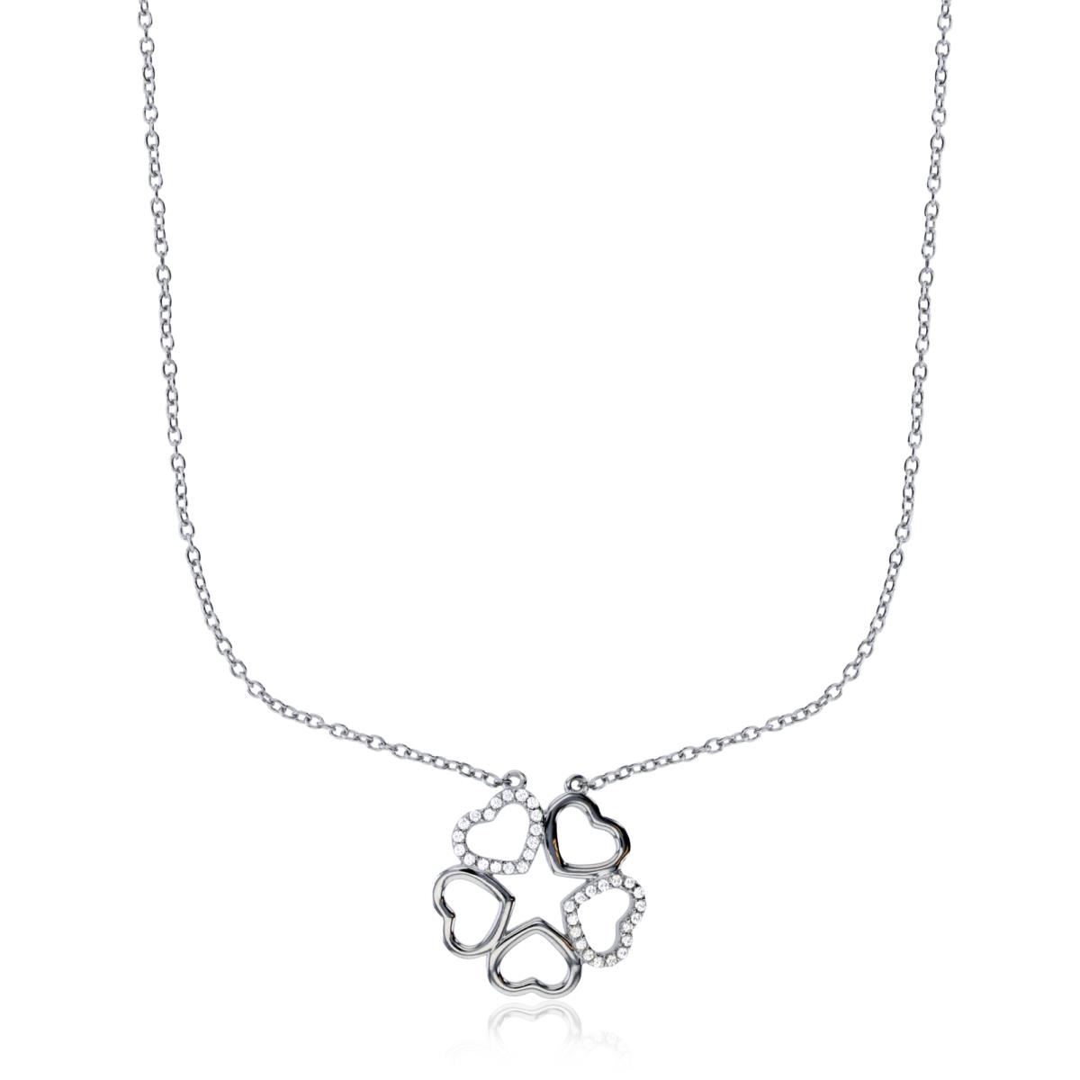 Sterling Silver Rhodium Polished & Paved Hearts Flower 16"+2" Necklace
