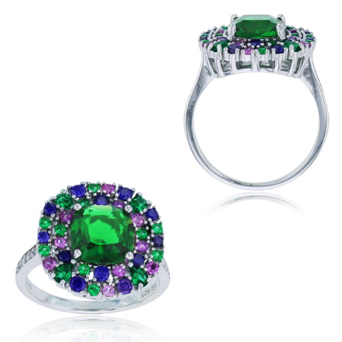 Sterling Silver Rhodium 8x8mm Cushion Green & Multicolor Halo Ring