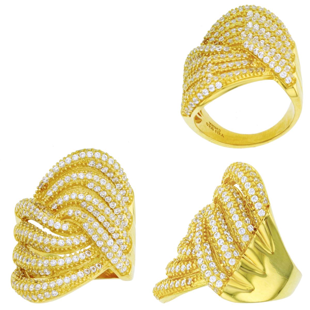 Sterling Silver Yellow 1 Micron Rd Micropave White CZ Wave Ring