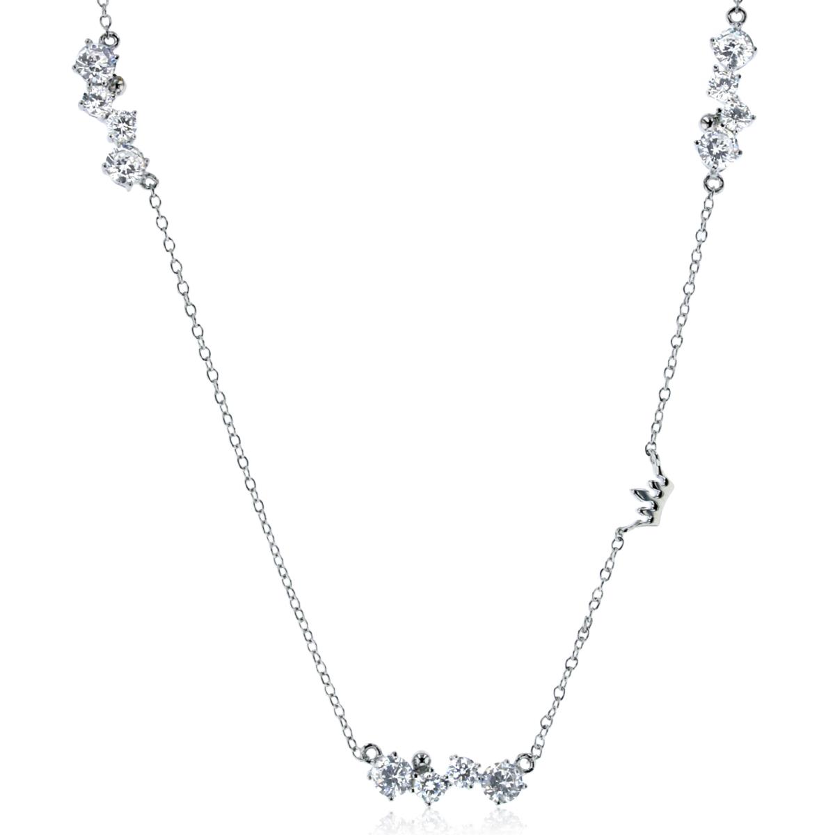 Sterling Silver Rhodium Rd CZ Bar & Crown Station 16"+2" Necklace