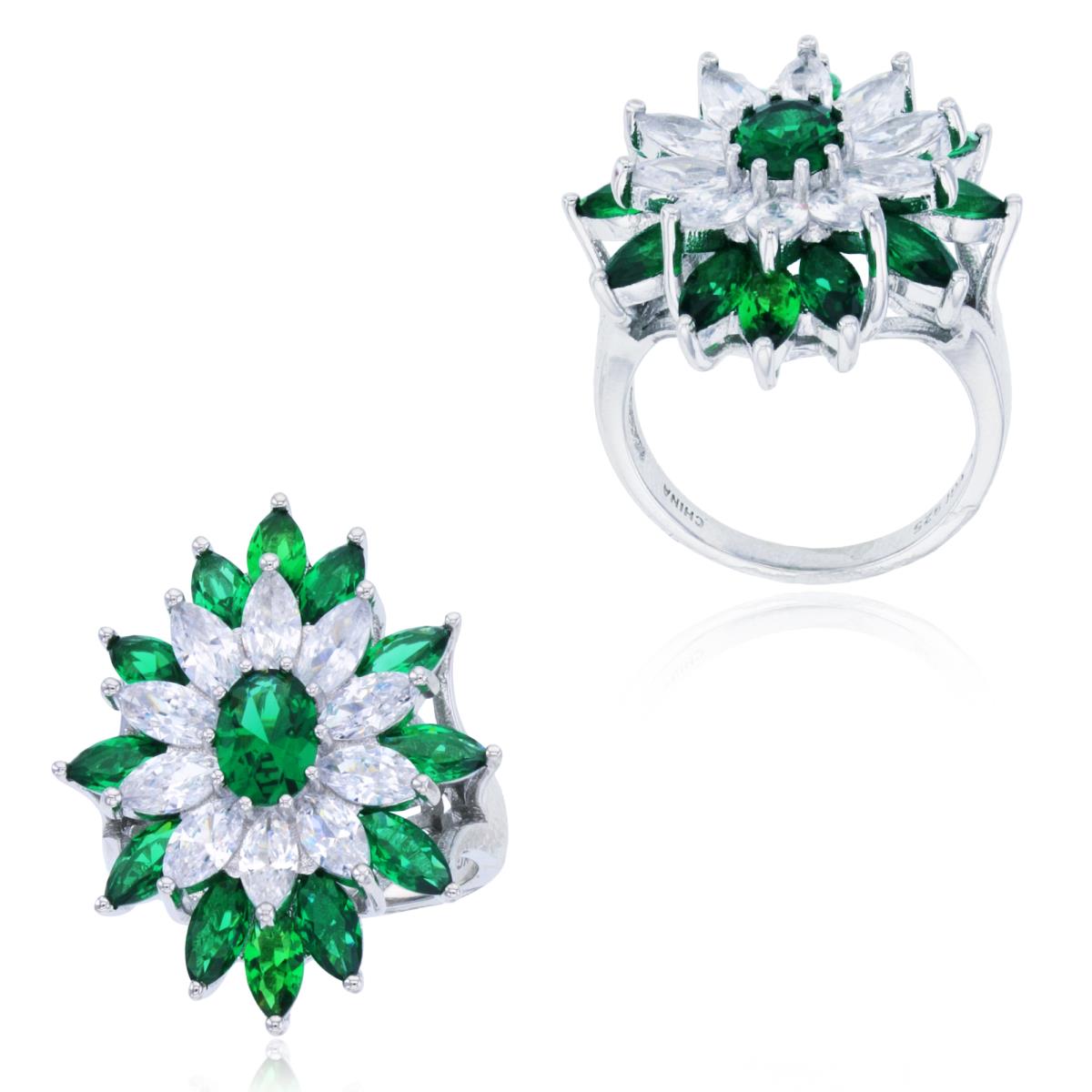 Sterling Silver Rhodium 5x7mm Oval Green & Marquise White, Green CZ Flower Ring