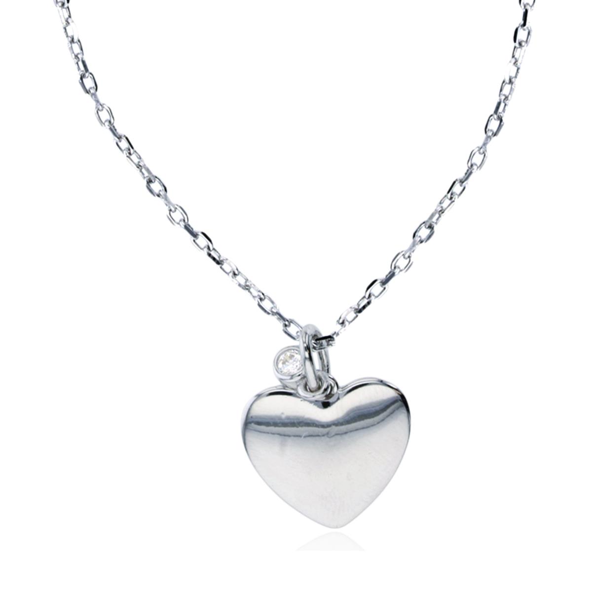 Sterling Silver Rhodium 2mm Rd CZ Bezel Polished Heart 16"+2" Necklace