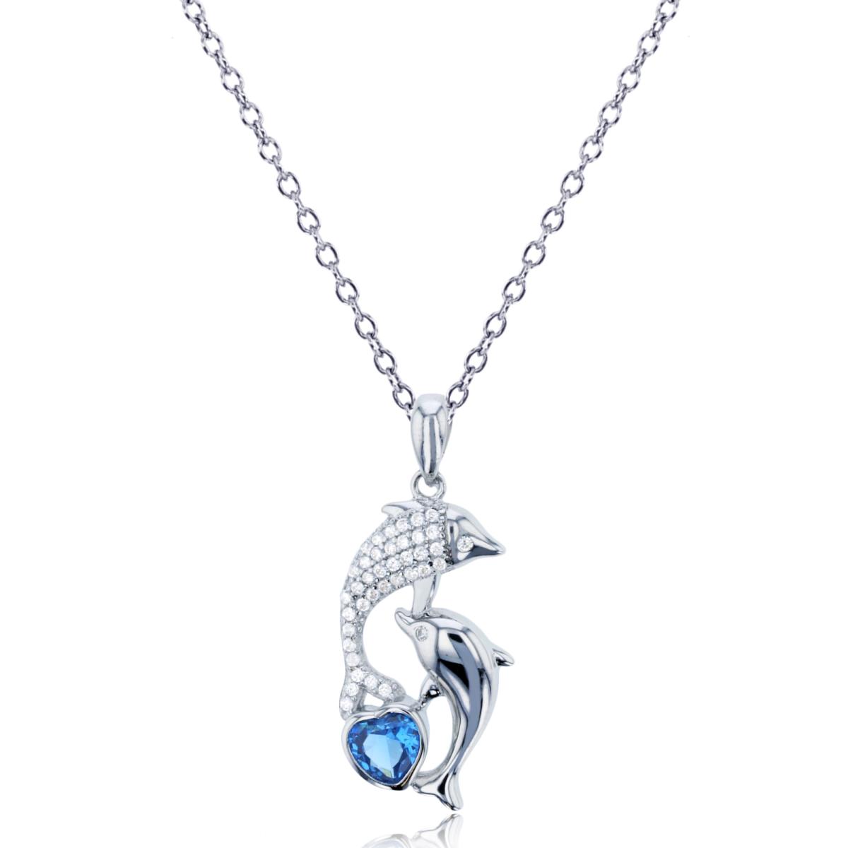 Sterling Silver Rhodium 5mm Blue Spinel Heart Dolphins 18" Necklace
