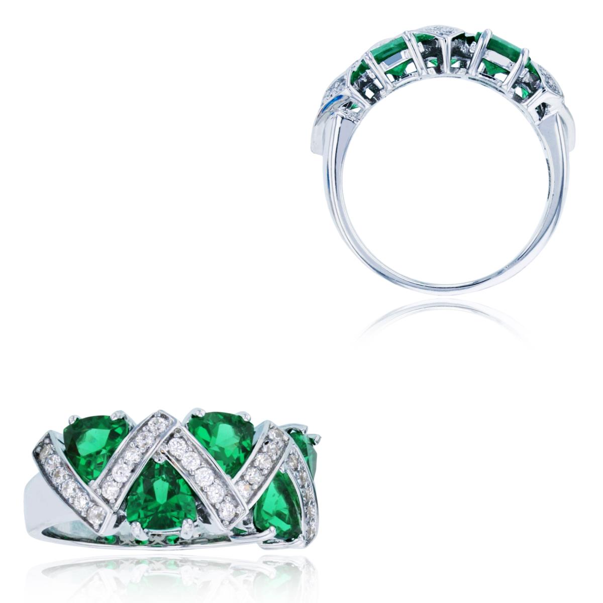 Sterling Silver Rhodium 5mm Triangle Green & Rd CZ  Wave Ring