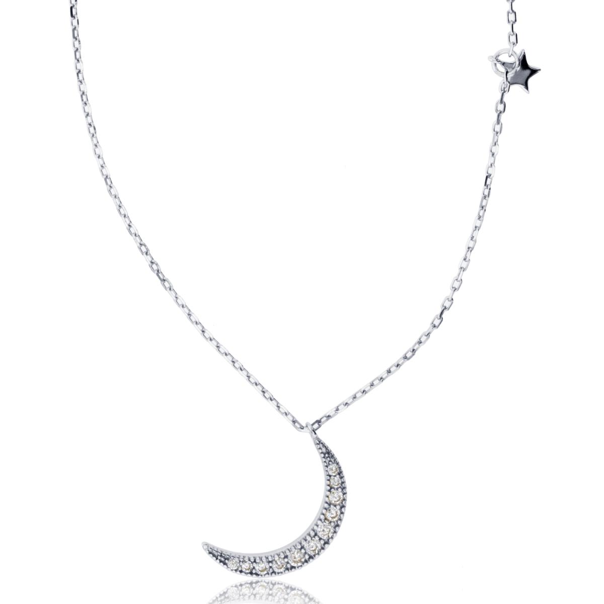 Sterling Silver Rhodium Crescent Moon & Star 16"+2" Necklace