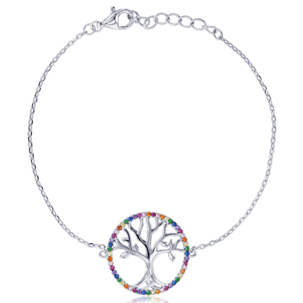 Sterling Silver Rhodium Multi Color CZ Tree Of Life Circle 6.5"+1" Bracelet
