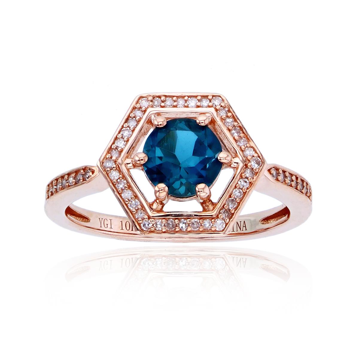 14K Rose Gold 0.150 Cttw Diamond & 6mm RD London Blue Topaz Hexagon Ring
