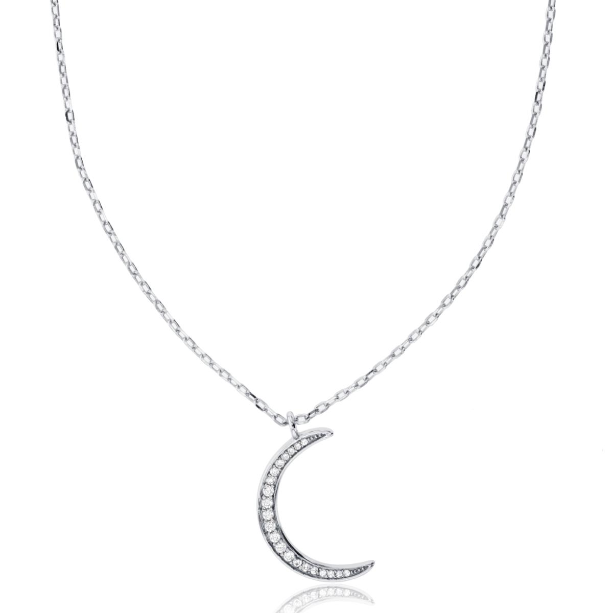 Sterling Silver Rhodium Paved Crescent Moon 16"+2" Necklace