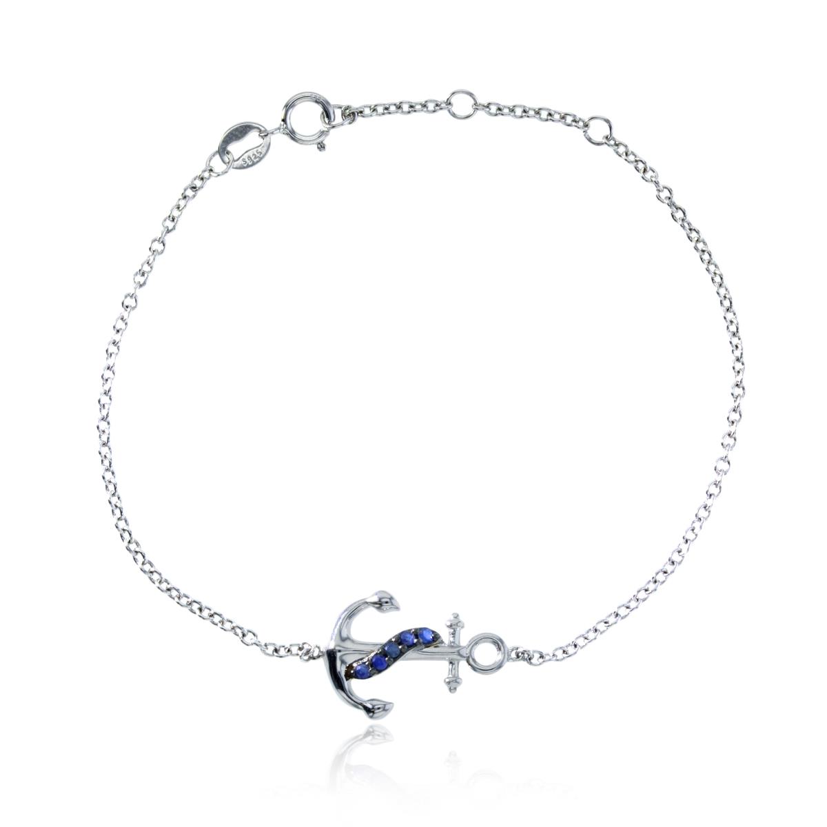 Sterling Silver Rhodium 1.5 Rd Cr. Blue Sapphire Anchor 6"+1"Bracelet