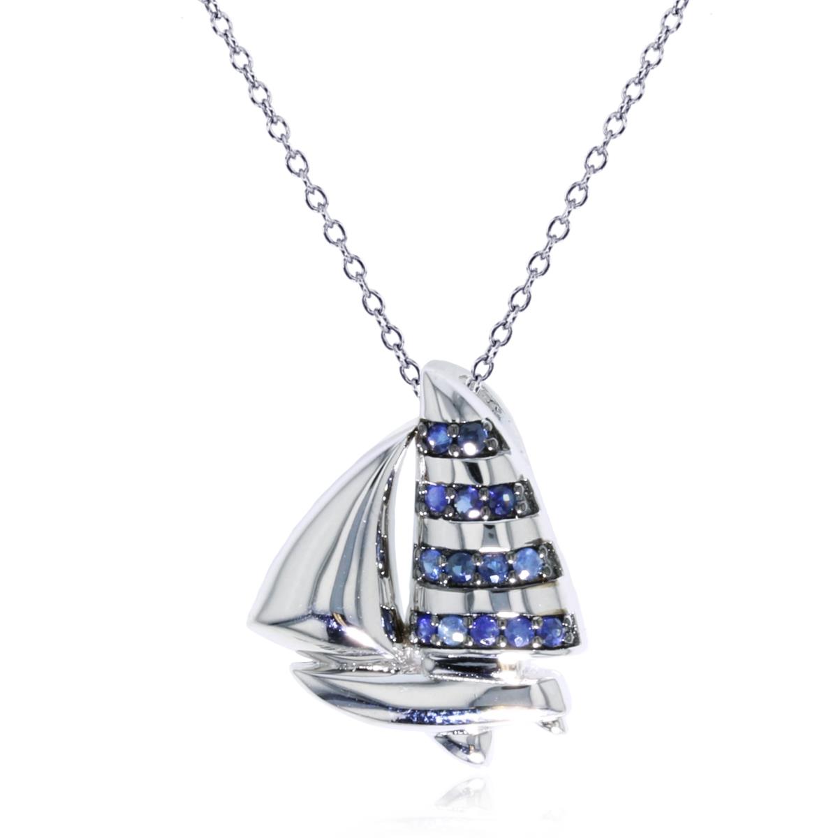 Sterling Silver Rhodium 1.5 Rd Cr. Blue Sapphire Ship 18" Necklace