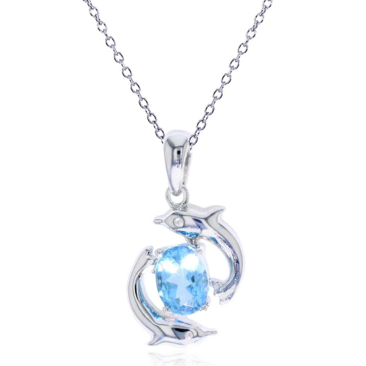 Sterling Silver Rhodium 7x5mm Swiss Blue Topaz & CZ Dolphins 18" Necklace