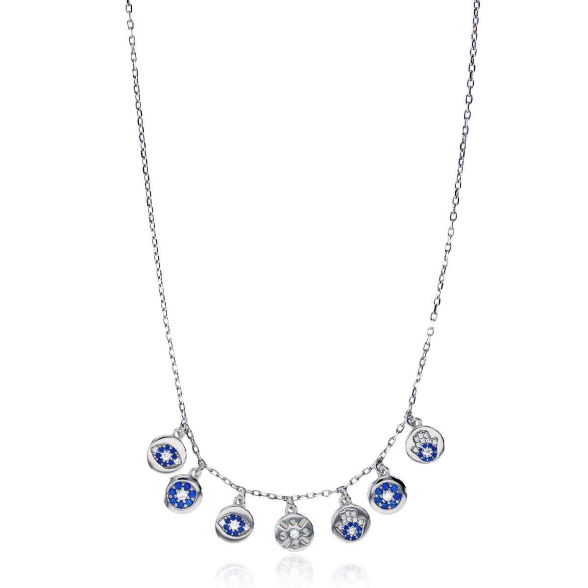 Sterling Silver Rhodium #113 Blue Spinel & White CZ Danling Evil Eye/Hamsa 16"+2" Necklace