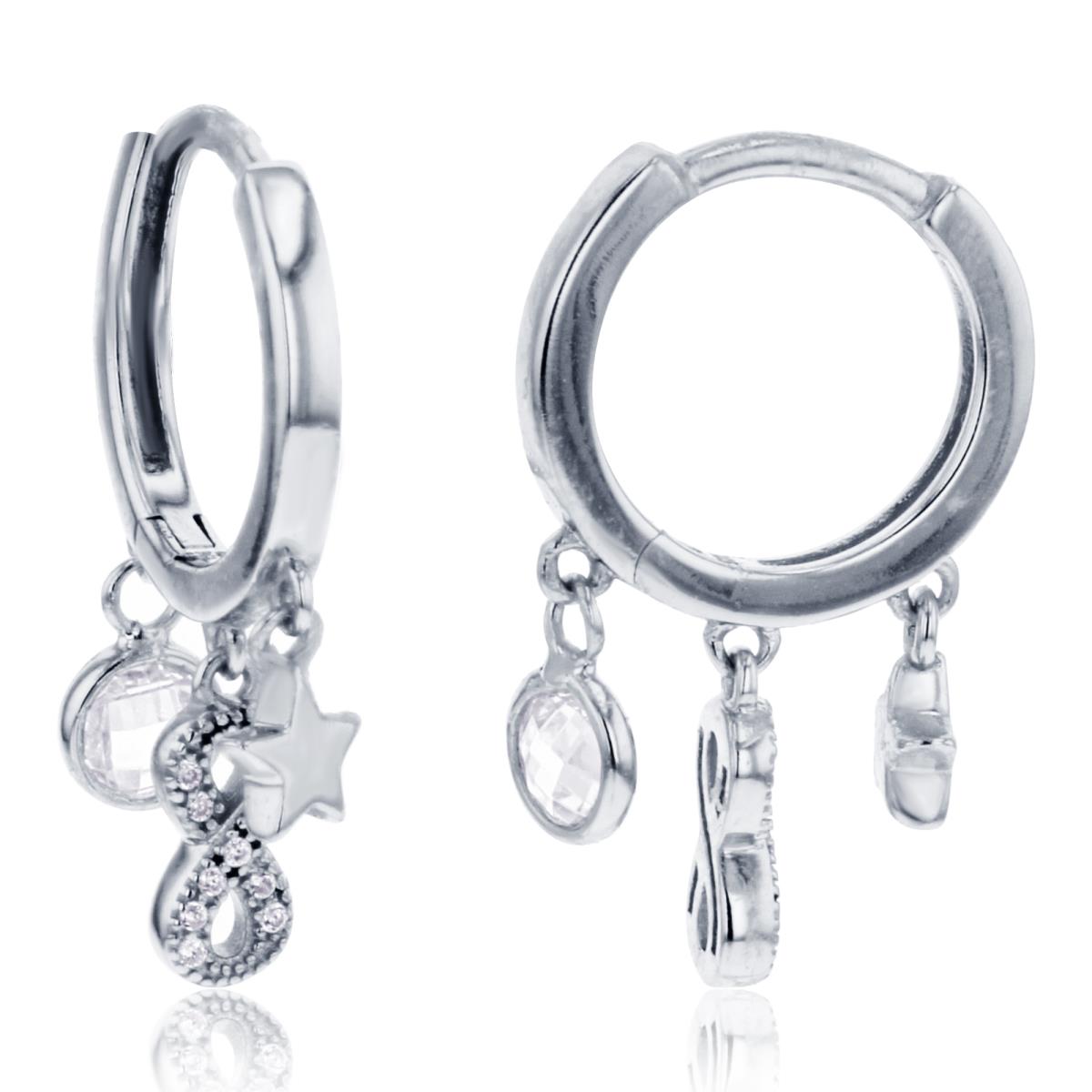 Sterling Silver Rhodium Dangling Bezel/Infinity/Star Huggie Earring